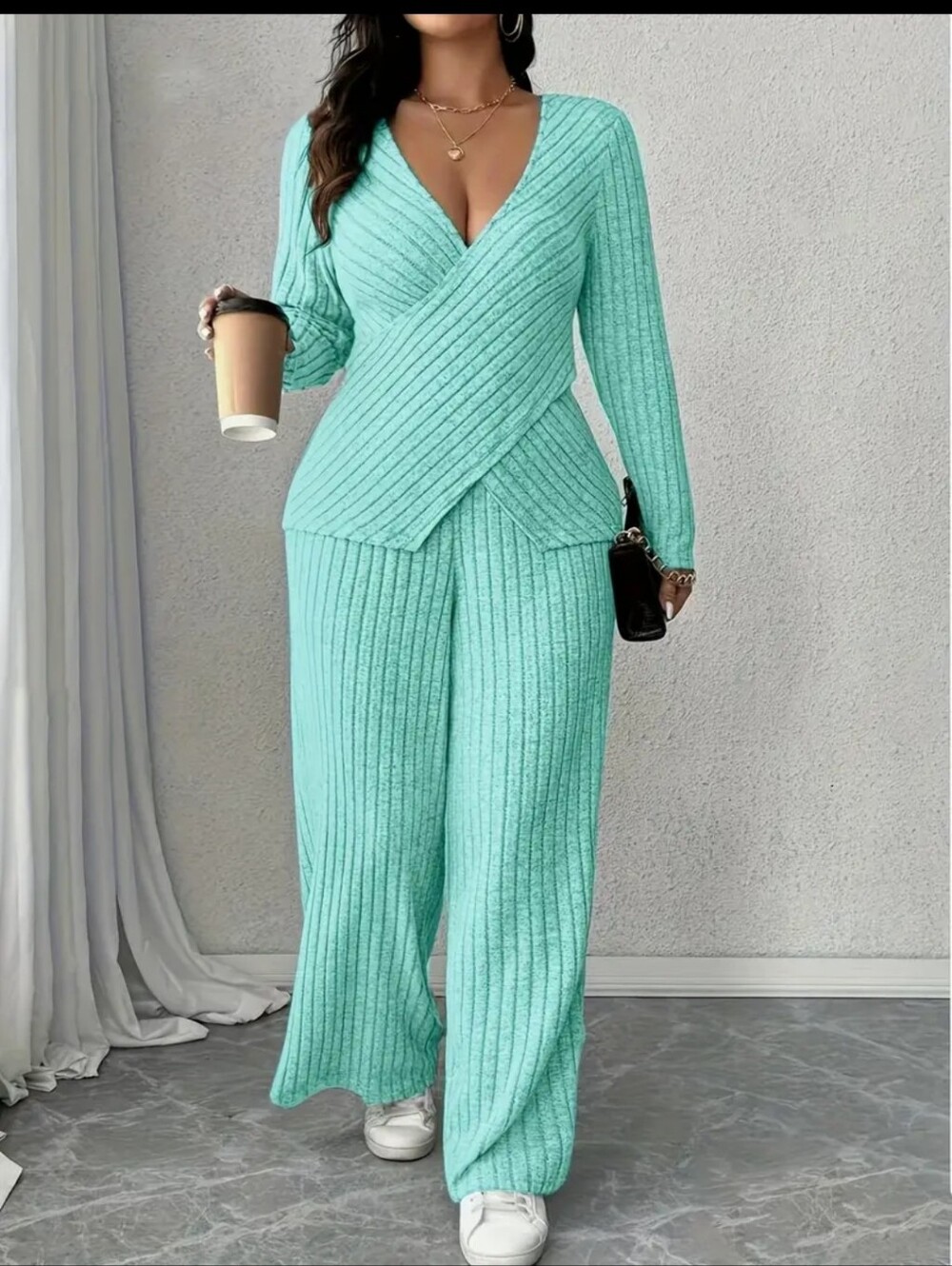 Women’s Ribbed Knit Wrap Top & Wide-Leg Pants Set - Mint